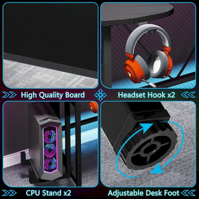 Bureau de gaming avec étagère pour moniteur, bureau d'ordinateur de 75 pouces avec bande LED