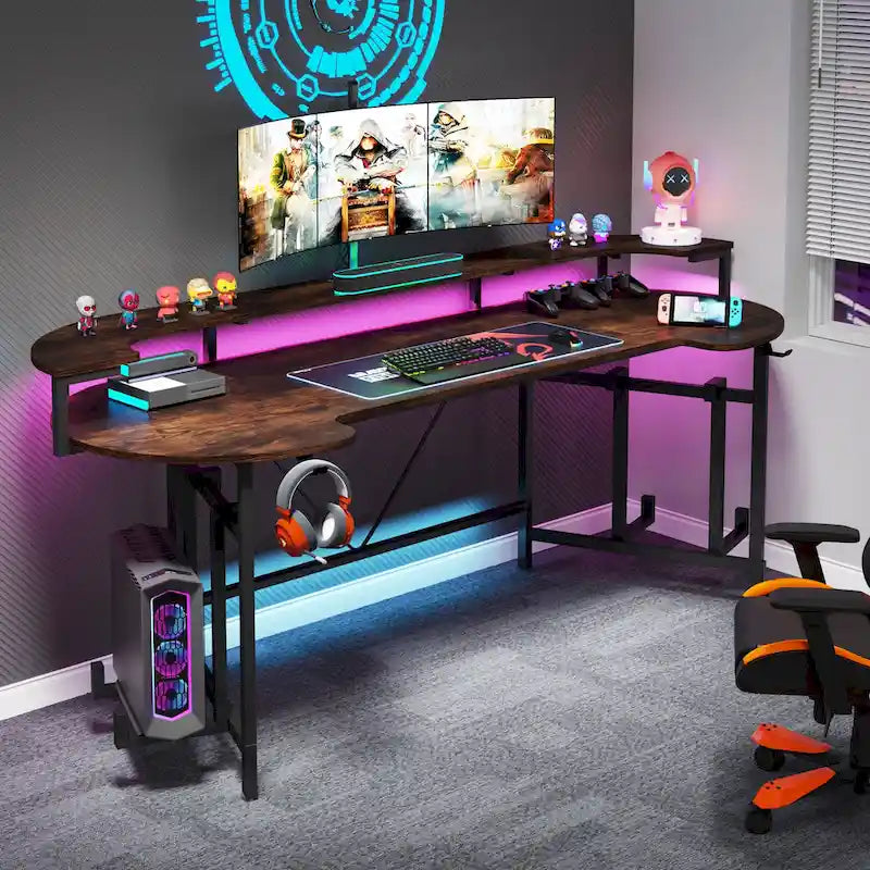 Bureau de gaming avec étagère pour moniteur, bureau d'ordinateur de 75 pouces avec bande LED