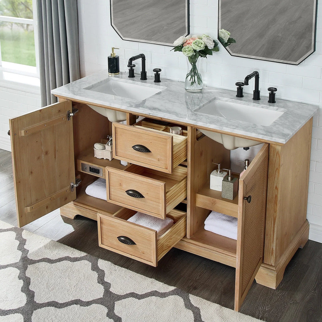 Meuble sous-vasque Hervas avec plateau en marbre naturel, sans miroir
