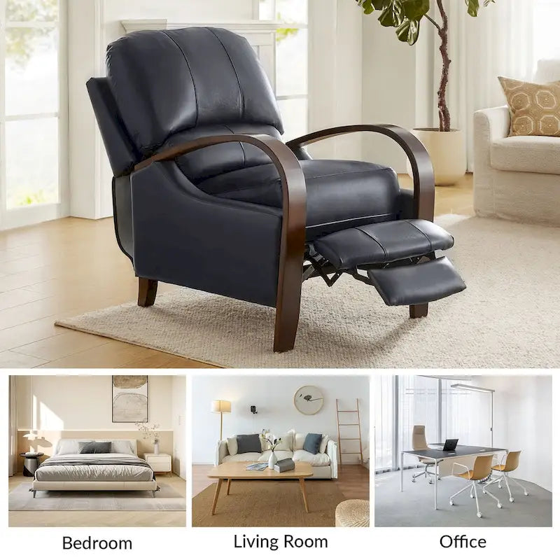 Fauteuil inclinable manuel Alex Mid-century Modern Cigar en cuir véritable avec accoudoirs incurvés en bois