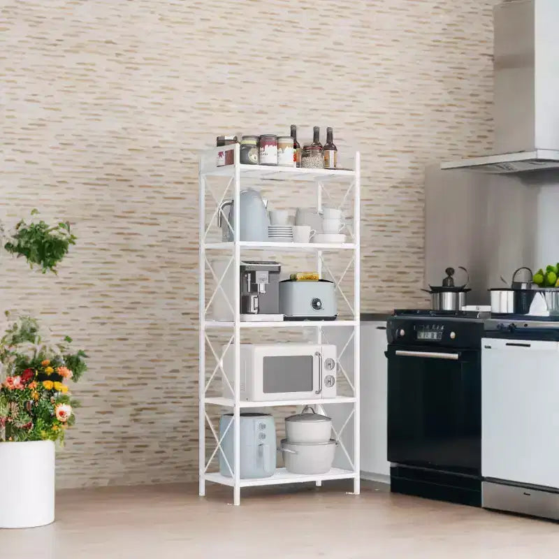 Cloud White 5 - Tier Metal Storage Rack with X Side Frames and Dense Mesh.12.6 x 23.6 x 57.3 inches, it has an industrial style and is perfect