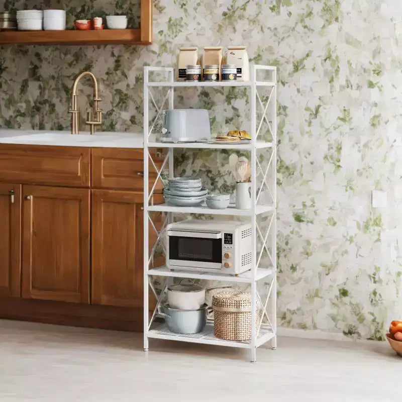 Cloud White 5 - Tier Metal Storage Rack with X Side Frames and Dense Mesh.12.6 x 23.6 x 57.3 inches, it has an industrial style and is perfect