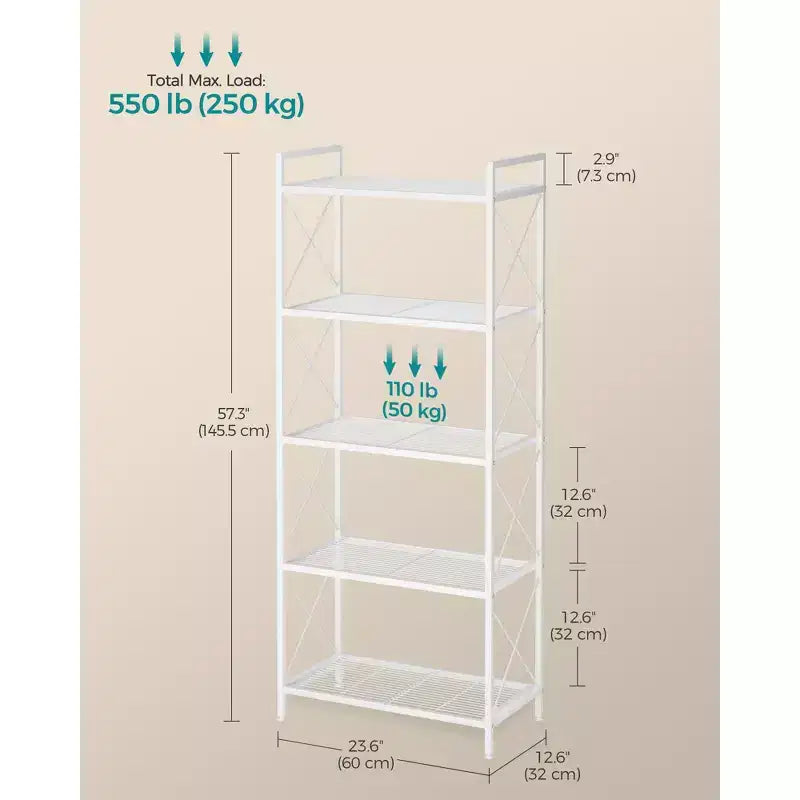 Cloud White 5 - Tier Metal Storage Rack with X Side Frames and Dense Mesh.12.6 x 23.6 x 57.3 inches, it has an industrial style and is perfect