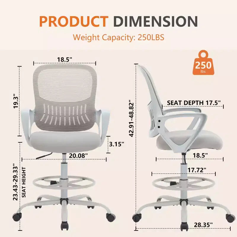 Adjustable Foot Ring Feature on Tall Office Chair, Designed for Standing Desks, Counter Height