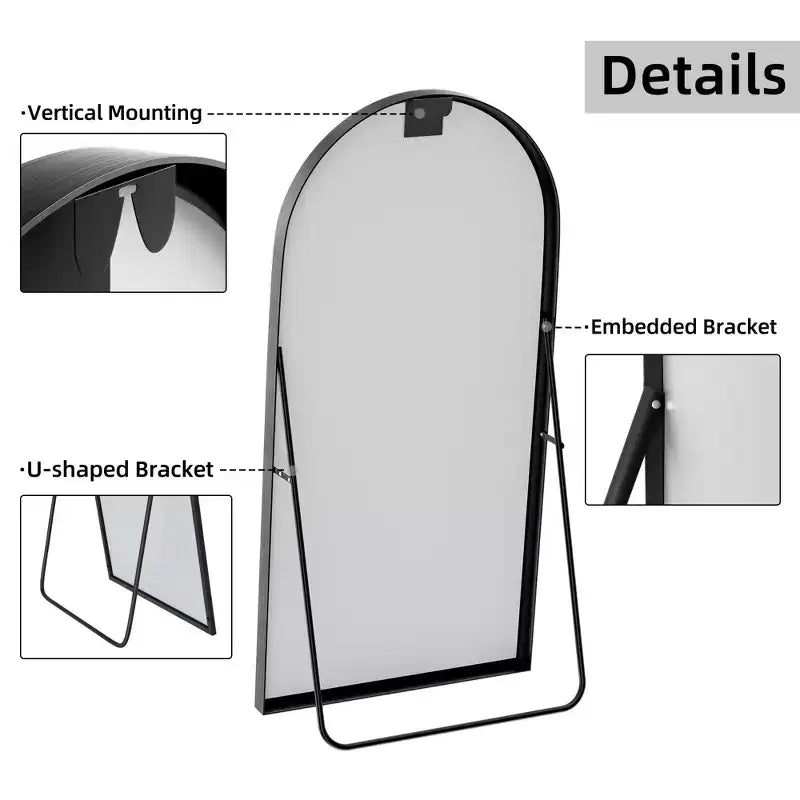 Aluminum Alloy Thin Edged Right Angled Arched Black Full-Length Mirror 180x96x1.5cm (With Bracket)