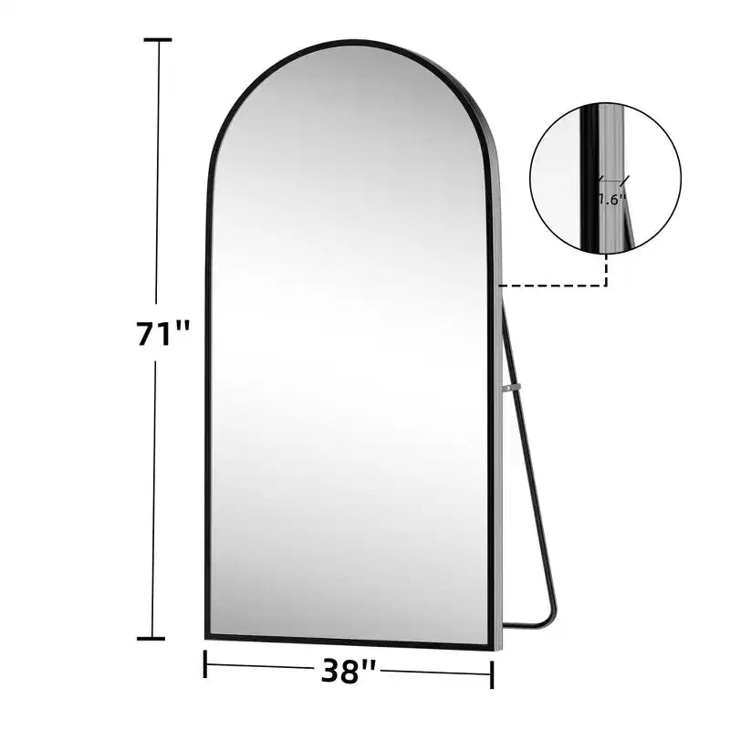 Aluminum Alloy Thin Edged Right Angled Arched Black Full-Length Mirror 180x96x1.5cm (With Bracket)