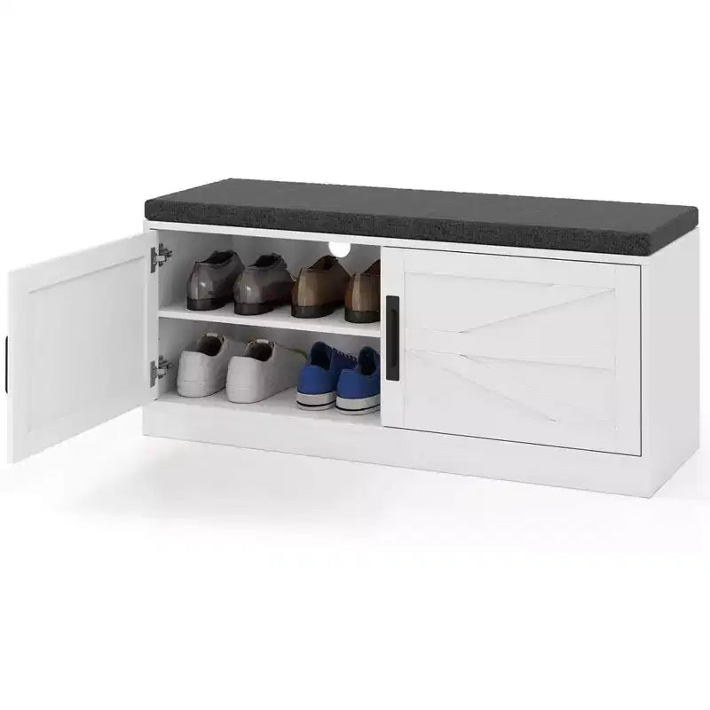 Shoe Bench Farmhouse Shoe Rack Organizer with Cushion 2 Doors 2 Adjustable Shelves