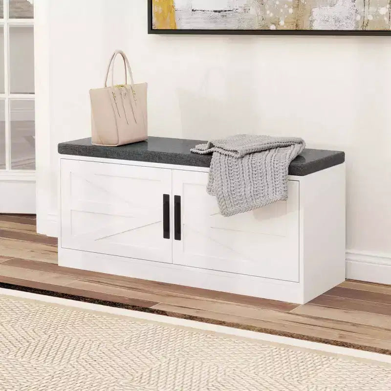 Shoe Bench Farmhouse Shoe Rack Organizer with Cushion 2 Doors 2 Adjustable Shelves