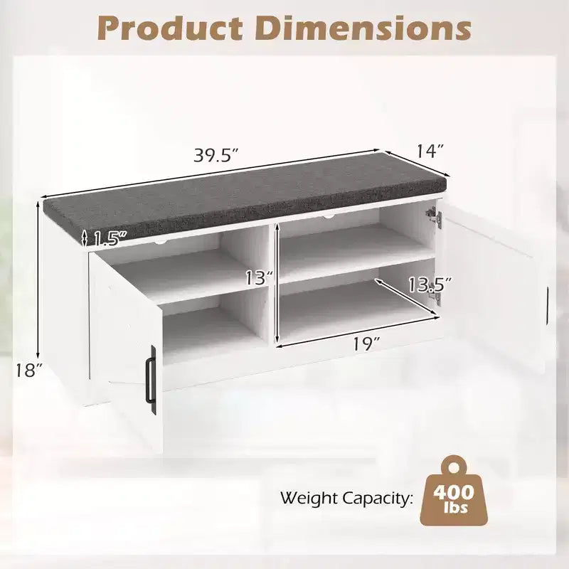 Shoe Bench Farmhouse Shoe Rack Organizer with Cushion 2 Doors 2 Adjustable Shelves