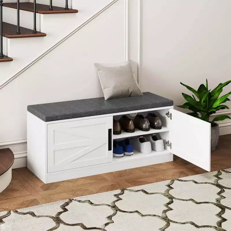Shoe Bench Farmhouse Shoe Rack Organizer with Cushion 2 Doors 2 Adjustable Shelves