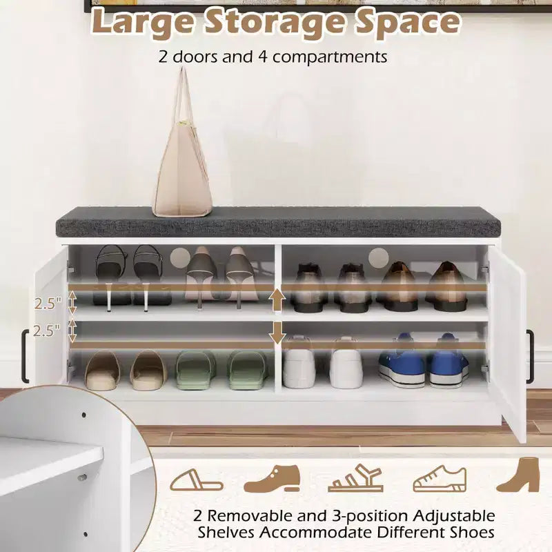 Shoe Bench Farmhouse Shoe Rack Organizer with Cushion 2 Doors 2 Adjustable Shelves