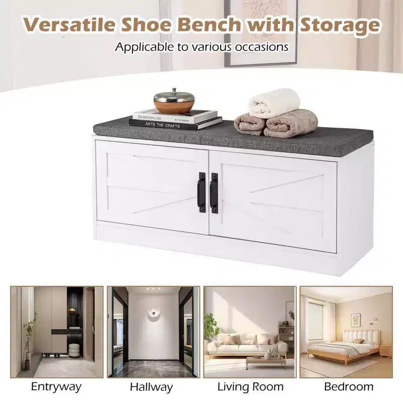 Shoe Bench Farmhouse Shoe Rack Organizer with Cushion 2 Doors 2 Adjustable Shelves
