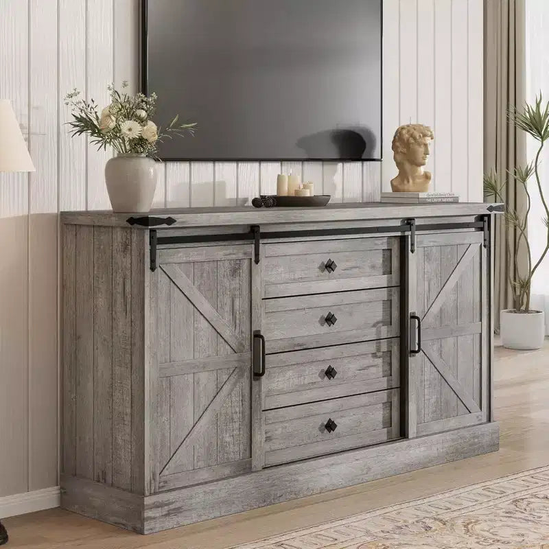 4 Drawer Dresser for Bedroom, 59 Farmhouse Wood Dressers with Sliding Barn Doors & Large Drawers