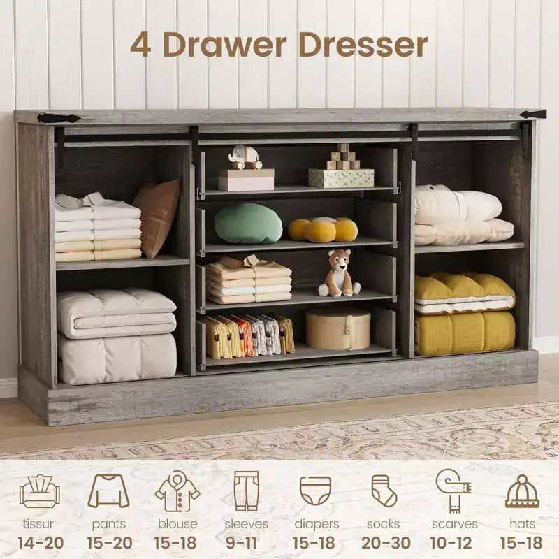 4 Drawer Dresser for Bedroom, 59 Farmhouse Wood Dressers with Sliding Barn Doors & Large Drawers