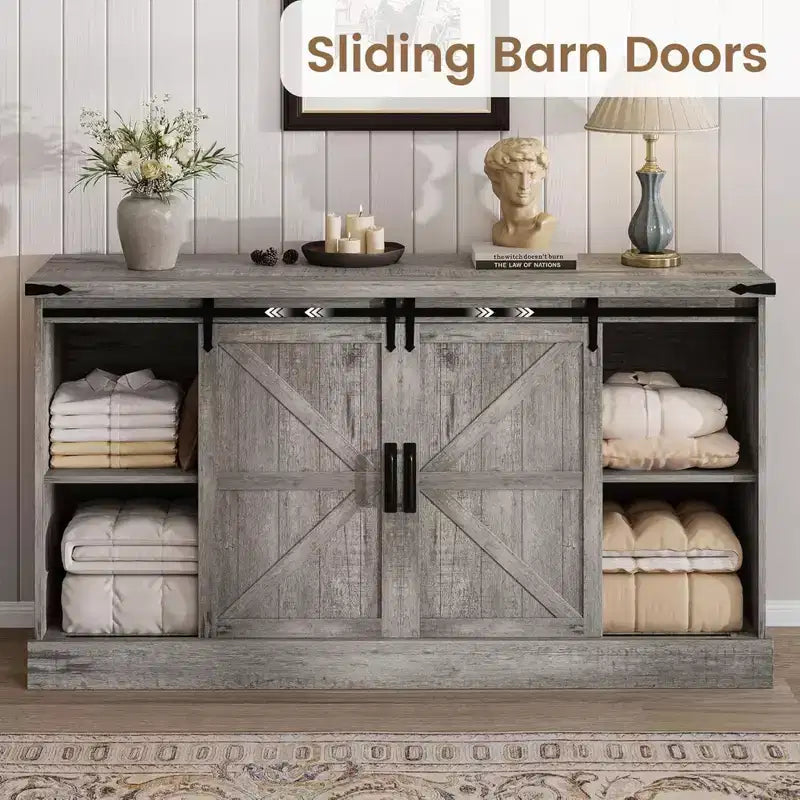 4 Drawer Dresser for Bedroom, 59 Farmhouse Wood Dressers with Sliding Barn Doors & Large Drawers