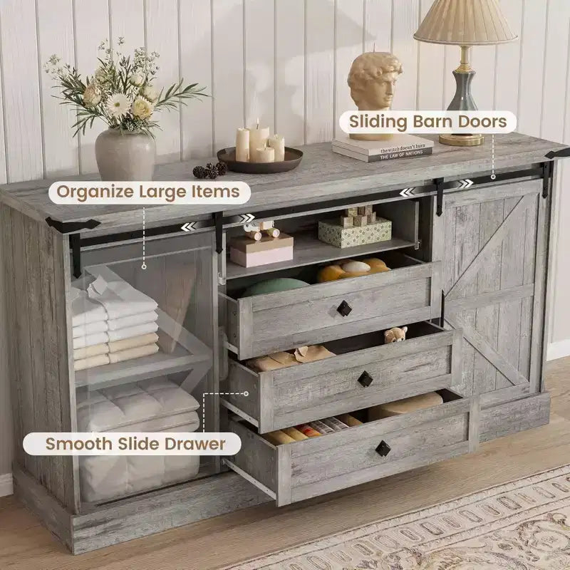 4 Drawer Dresser for Bedroom, 59 Farmhouse Wood Dressers with Sliding Barn Doors & Large Drawers