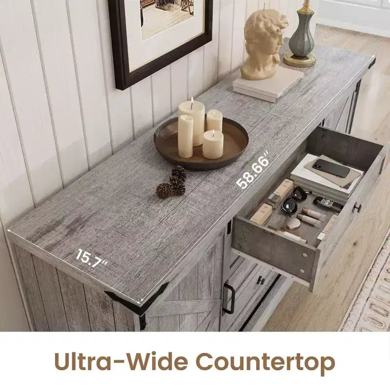 4 Drawer Dresser for Bedroom, 59 Farmhouse Wood Dressers with Sliding Barn Doors & Large Drawers