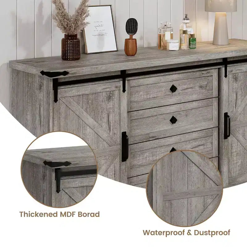 4 Drawer Dresser for Bedroom, 59 Farmhouse Wood Dressers with Sliding Barn Doors & Large Drawers