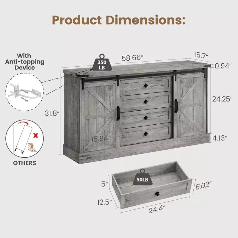 4 Drawer Dresser for Bedroom, 59 Farmhouse Wood Dressers with Sliding Barn Doors & Large Drawers