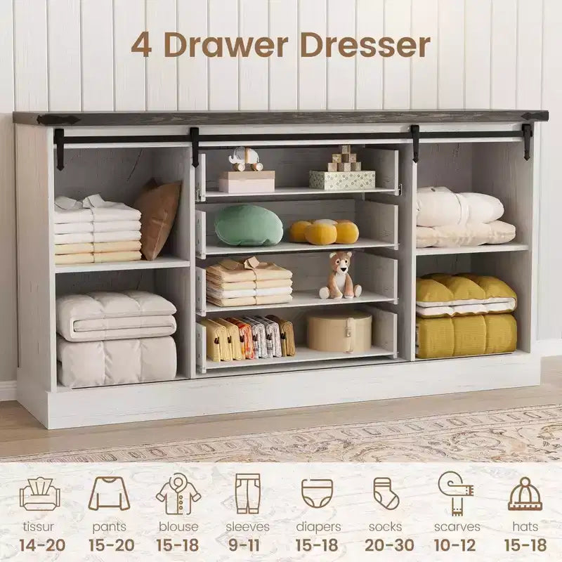 4 Drawer Dresser for Bedroom, 59 Farmhouse Wood Dressers with Sliding Barn Doors & Large Drawers