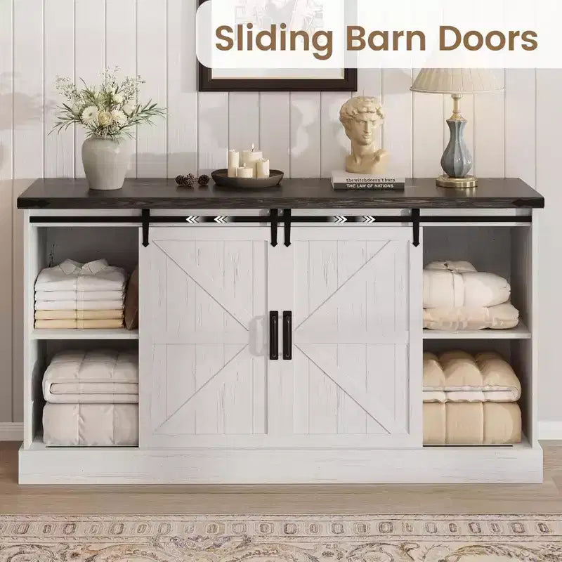 4 Drawer Dresser for Bedroom, 59 Farmhouse Wood Dressers with Sliding Barn Doors & Large Drawers