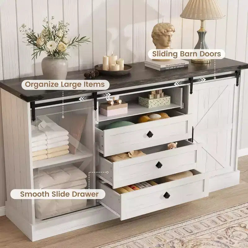 4 Drawer Dresser for Bedroom, 59 Farmhouse Wood Dressers with Sliding Barn Doors & Large Drawers