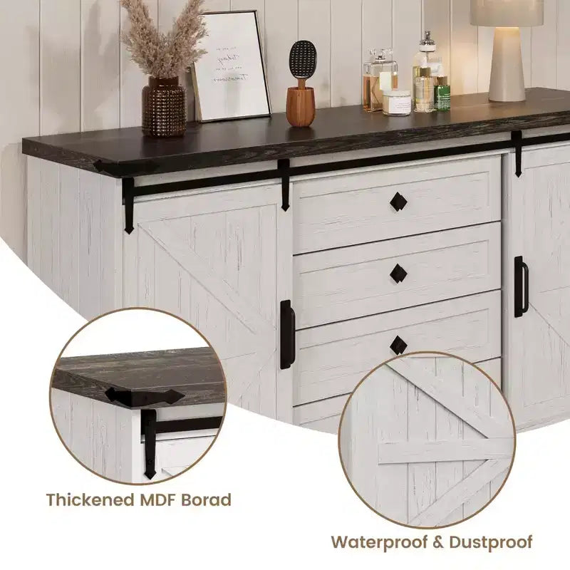 4 Drawer Dresser for Bedroom, 59 Farmhouse Wood Dressers with Sliding Barn Doors & Large Drawers