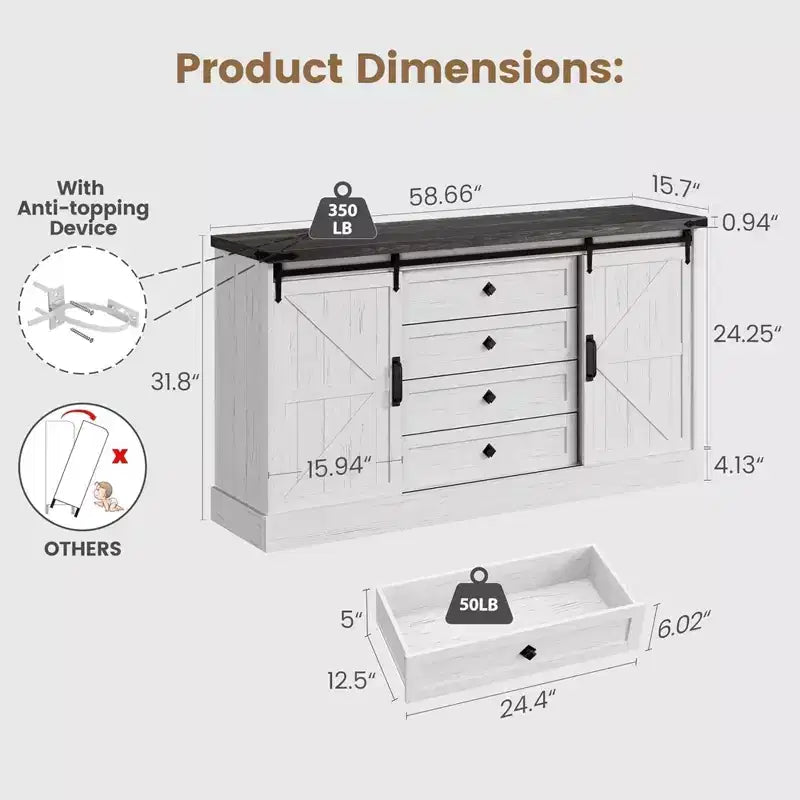 4 Drawer Dresser for Bedroom, 59 Farmhouse Wood Dressers with Sliding Barn Doors & Large Drawers