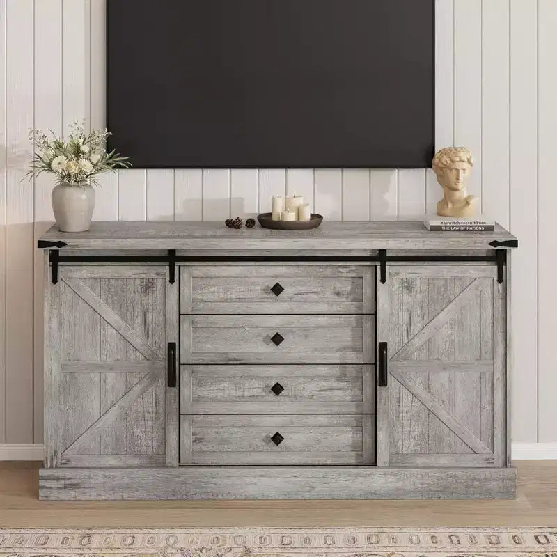 4 Drawer Dresser for Bedroom, 59 Farmhouse Wood Dressers with Sliding Barn Doors & Large Drawers