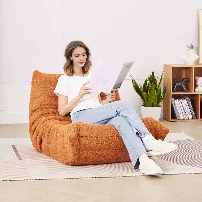 Bean Bag Chair, L-Shaped Bean Bag Chair with Soft Armrests and Storage Pocket, 25D Memory Foam Filled with Soft Teddy Velvet Cover, Brown