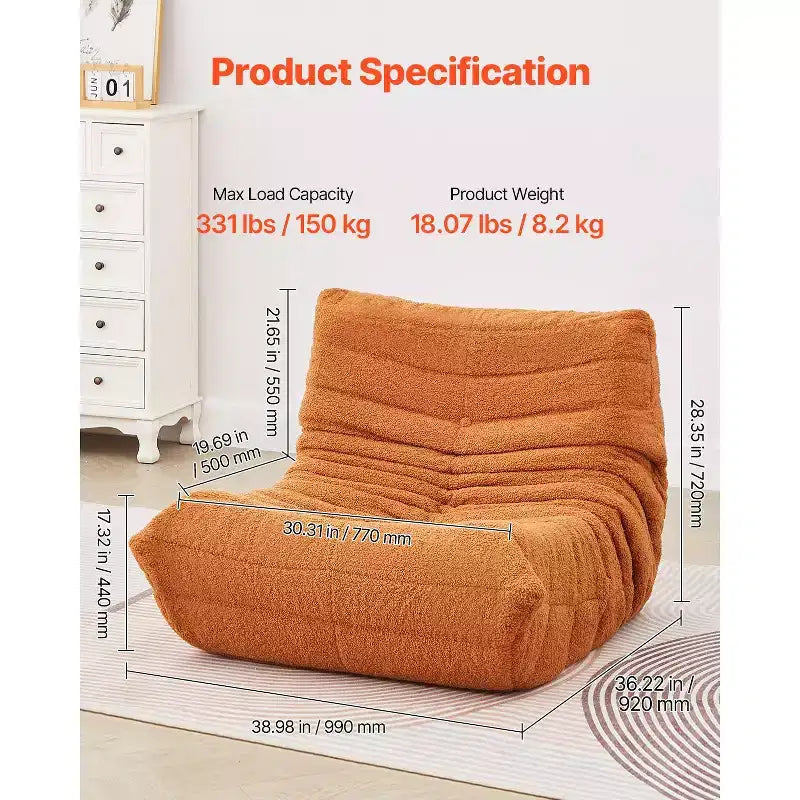 Bean Bag Chair, L-Shaped Bean Bag Chair with Soft Armrests and Storage Pocket, 25D Memory Foam Filled with Soft Teddy Velvet Cover, Brown
