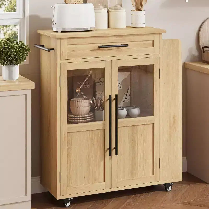 Kitchen Island Table On Wheels, Storage Island with Spice Rack and Drawer, Rolling Kitchen Cart On Wheels, for Home, Dining Room, Natural Oak