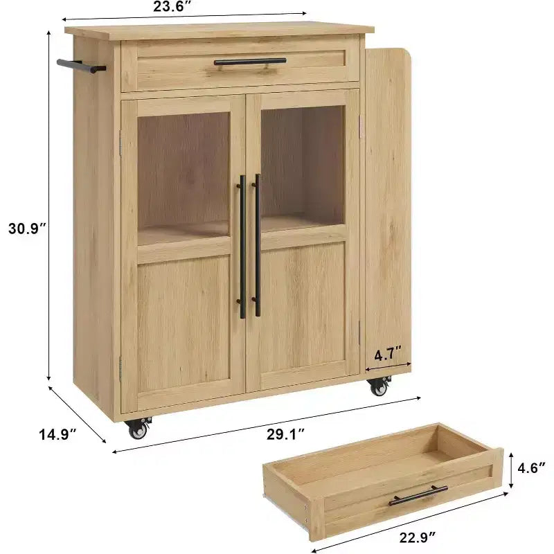 Kitchen Island Table On Wheels, Storage Island with Spice Rack and Drawer, Rolling Kitchen Cart On Wheels, for Home, Dining Room, Natural Oak