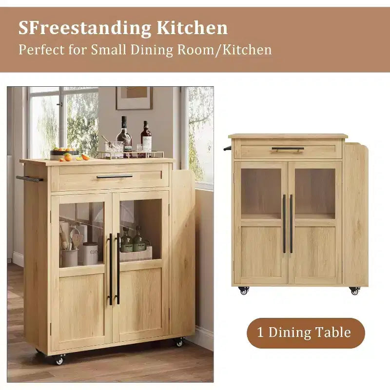 Kitchen Island Table On Wheels, Storage Island with Spice Rack and Drawer, Rolling Kitchen Cart On Wheels, for Home, Dining Room, Natural Oak