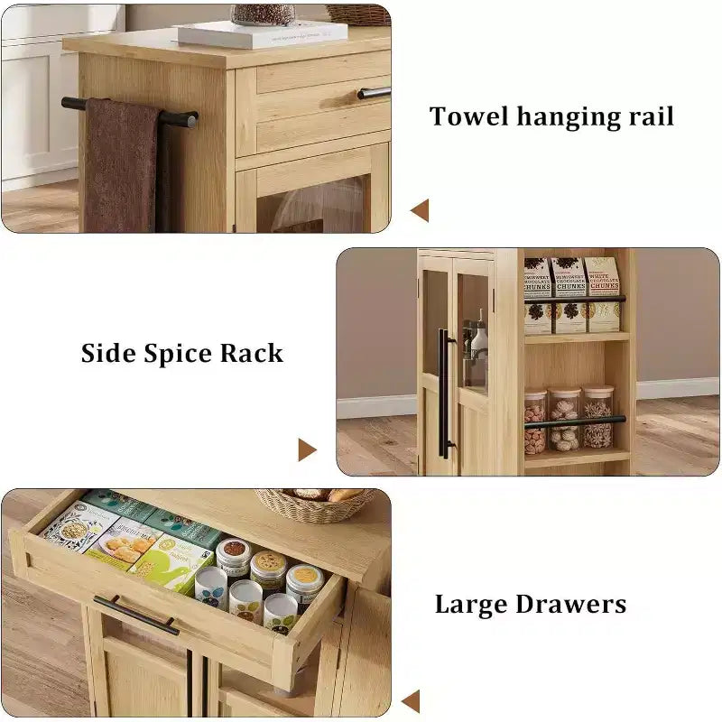 Kitchen Island Table On Wheels, Storage Island with Spice Rack and Drawer, Rolling Kitchen Cart On Wheels, for Home, Dining Room, Natural Oak