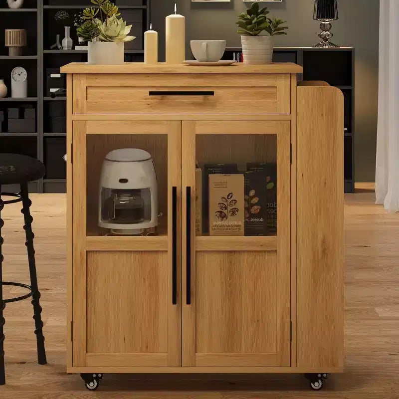 Kitchen Island Table On Wheels, Storage Island with Spice Rack and Drawer, Rolling Kitchen Cart On Wheels, for Home, Dining Room, Natural Oak