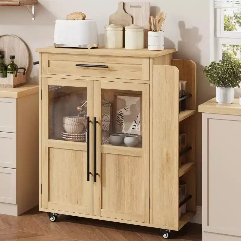 Kitchen Island Table On Wheels, Storage Island with Spice Rack and Drawer, Rolling Kitchen Cart On Wheels, for Home, Dining Room, Natural Oak