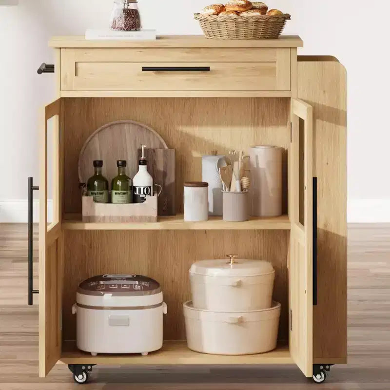 Kitchen Island Table On Wheels, Storage Island with Spice Rack and Drawer, Rolling Kitchen Cart On Wheels, for Home, Dining Room, Natural Oak
