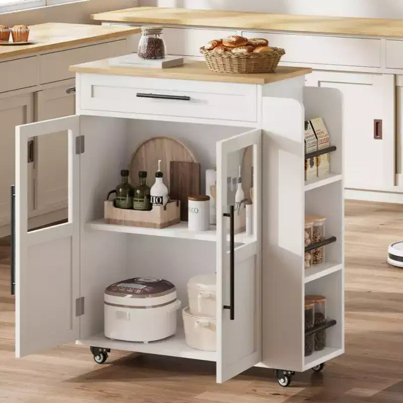 Kitchen Island Table On Wheels, Storage Island with Spice Rack and Drawer, Rolling Kitchen Cart On Wheels, for Home, Dining Room, Natural Oak