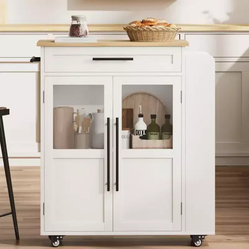Kitchen Island Table On Wheels, Storage Island with Spice Rack and Drawer, Rolling Kitchen Cart On Wheels, for Home, Dining Room, Natural Oak