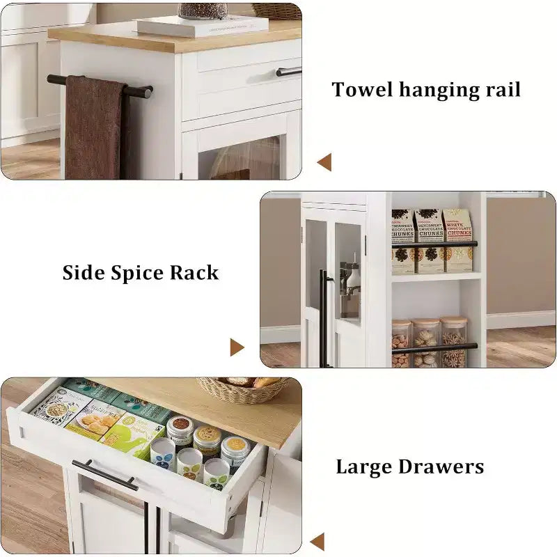 Kitchen Island Table On Wheels, Storage Island with Spice Rack and Drawer, Rolling Kitchen Cart On Wheels, for Home, Dining Room, Natural Oak
