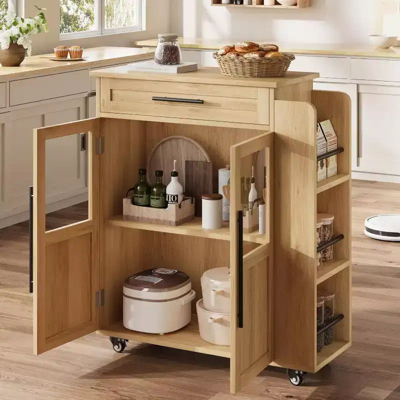 Kitchen Island Table On Wheels, Storage Island with Spice Rack and Drawer, Rolling Kitchen Cart On Wheels, for Home, Dining Room, Natural Oak