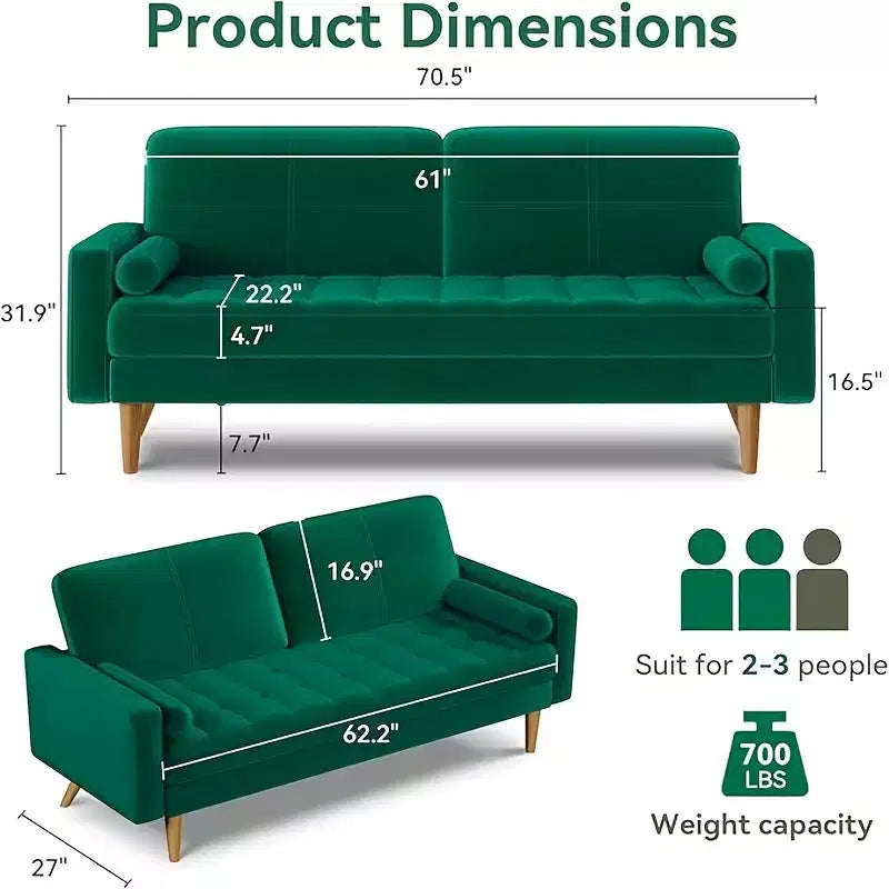 3-seater sofa, 68-inch velvet sofa with velvet cushion and pillow, Mid-century modern sofa, suitable for living room, apartment