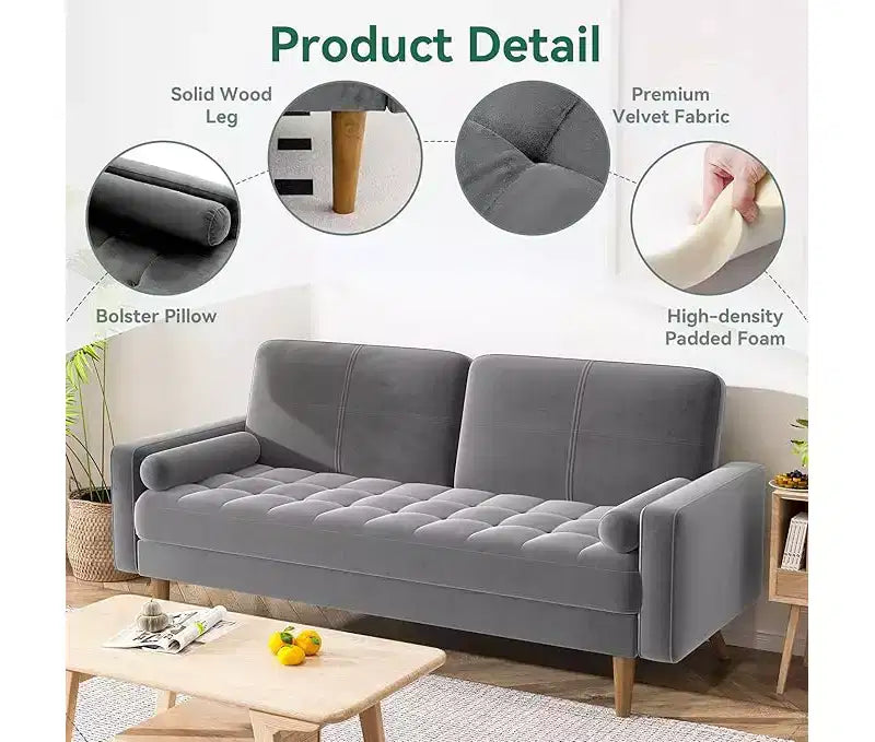 3-seater sofa, 68-inch velvet sofa with velvet cushion and pillow, Mid-century modern sofa, suitable for living room, apartment
