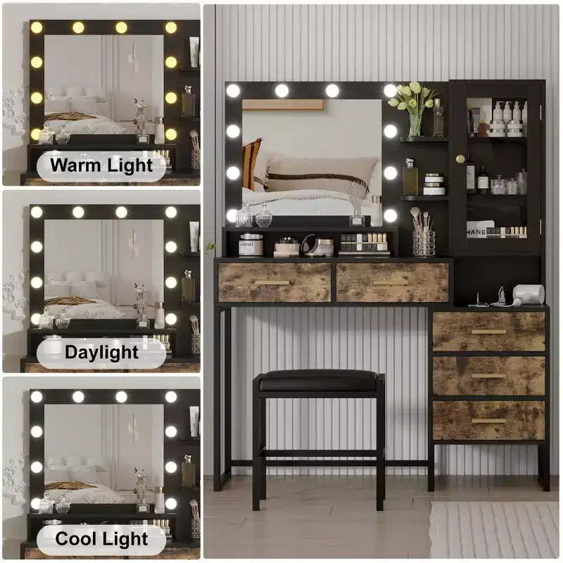 Makeup Vanity with Lights In 3 Colors, Vanity Table with Charging Station, Vanity Desk with Drawers Shelves Mirror, Dressing Table for Bedroom