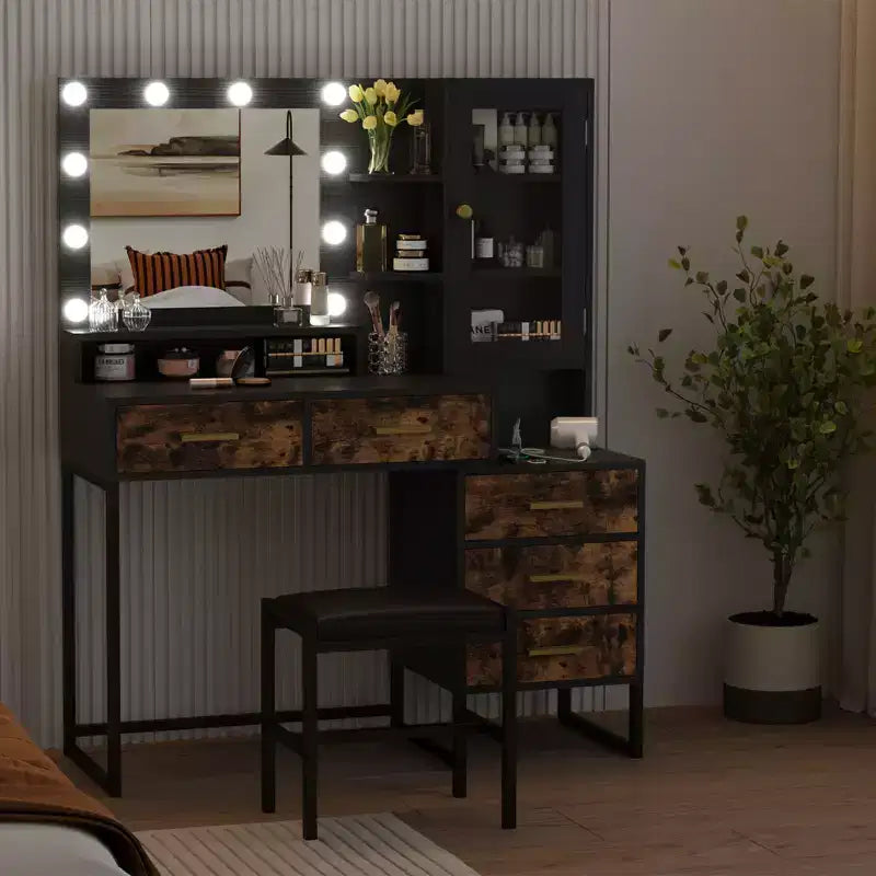 Makeup Vanity with Lights In 3 Colors, Vanity Table with Charging Station, Vanity Desk with Drawers Shelves Mirror, Dressing Table for Bedroom