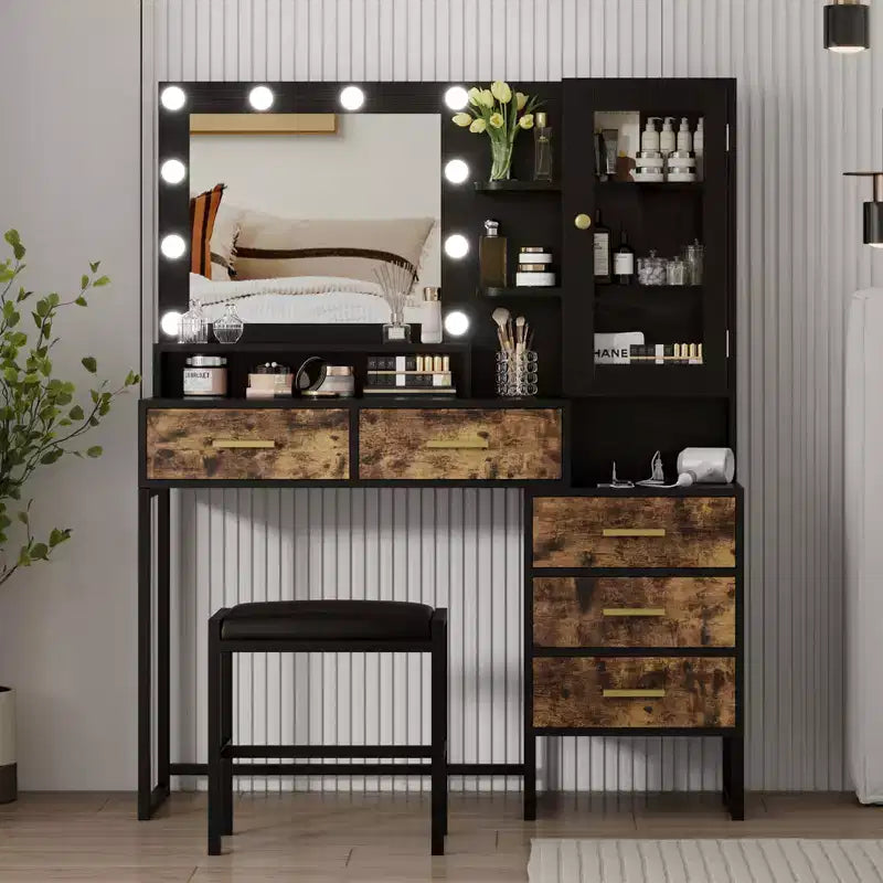 Makeup Vanity with Lights In 3 Colors, Vanity Table with Charging Station, Vanity Desk with Drawers Shelves Mirror, Dressing Table for Bedroom