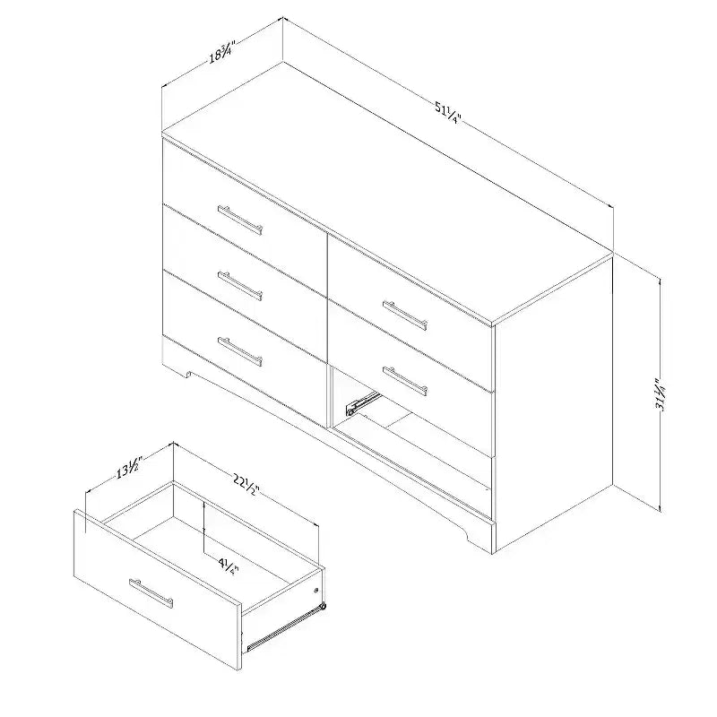 6.5 in.H Particle Board Horizontal Dressers with 6 - Drawers in White Finish