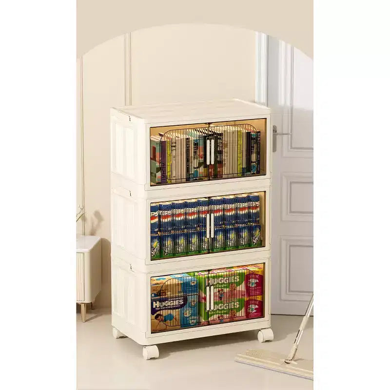 3 Tiers Plastic Folding Storage Cabinets with Magnetic Doors Wheels, Closet Organizers and Storage Containers White for Small Space