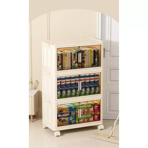 3 Tiers Plastic Folding Storage Cabinets with Magnetic Doors Wheels, Closet Organizers and Storage Containers White for Small Space